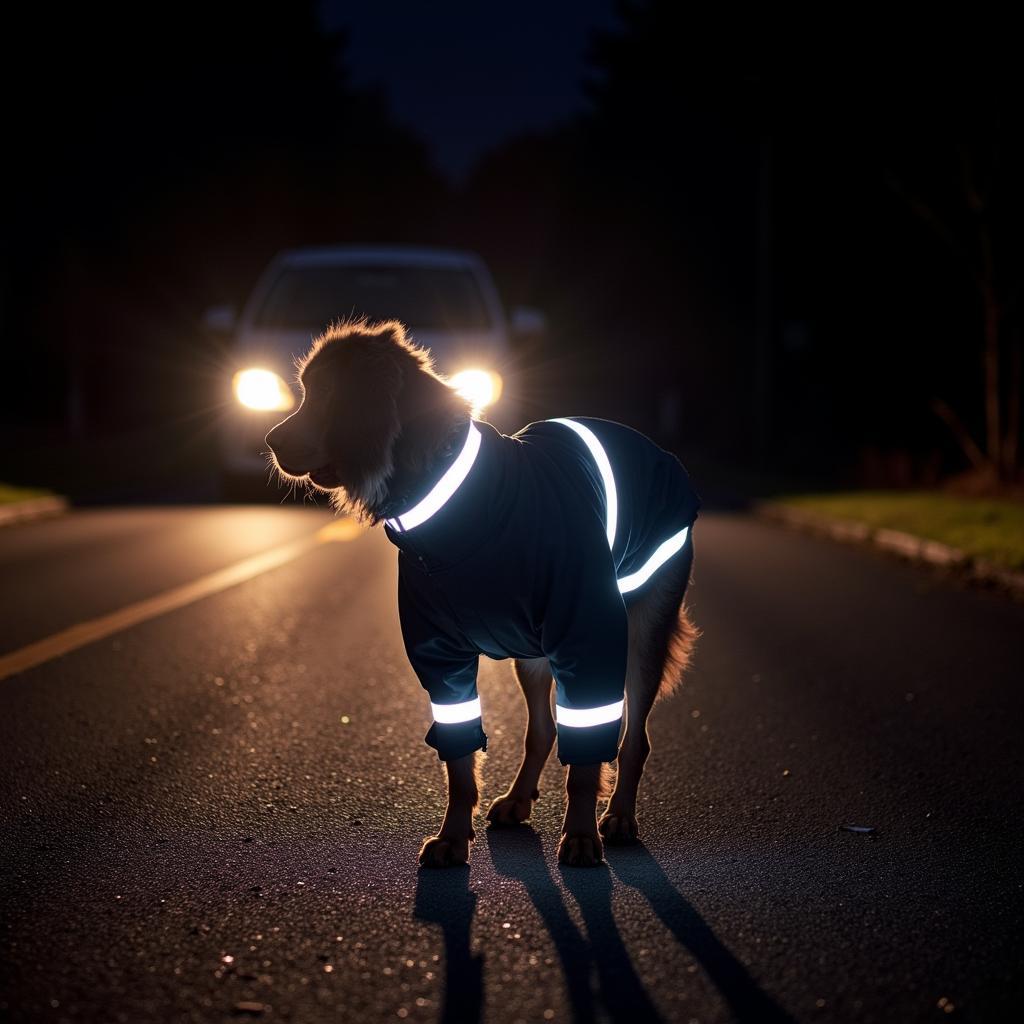 Dog wearing a full body rain suit with reflective strips during a night walk