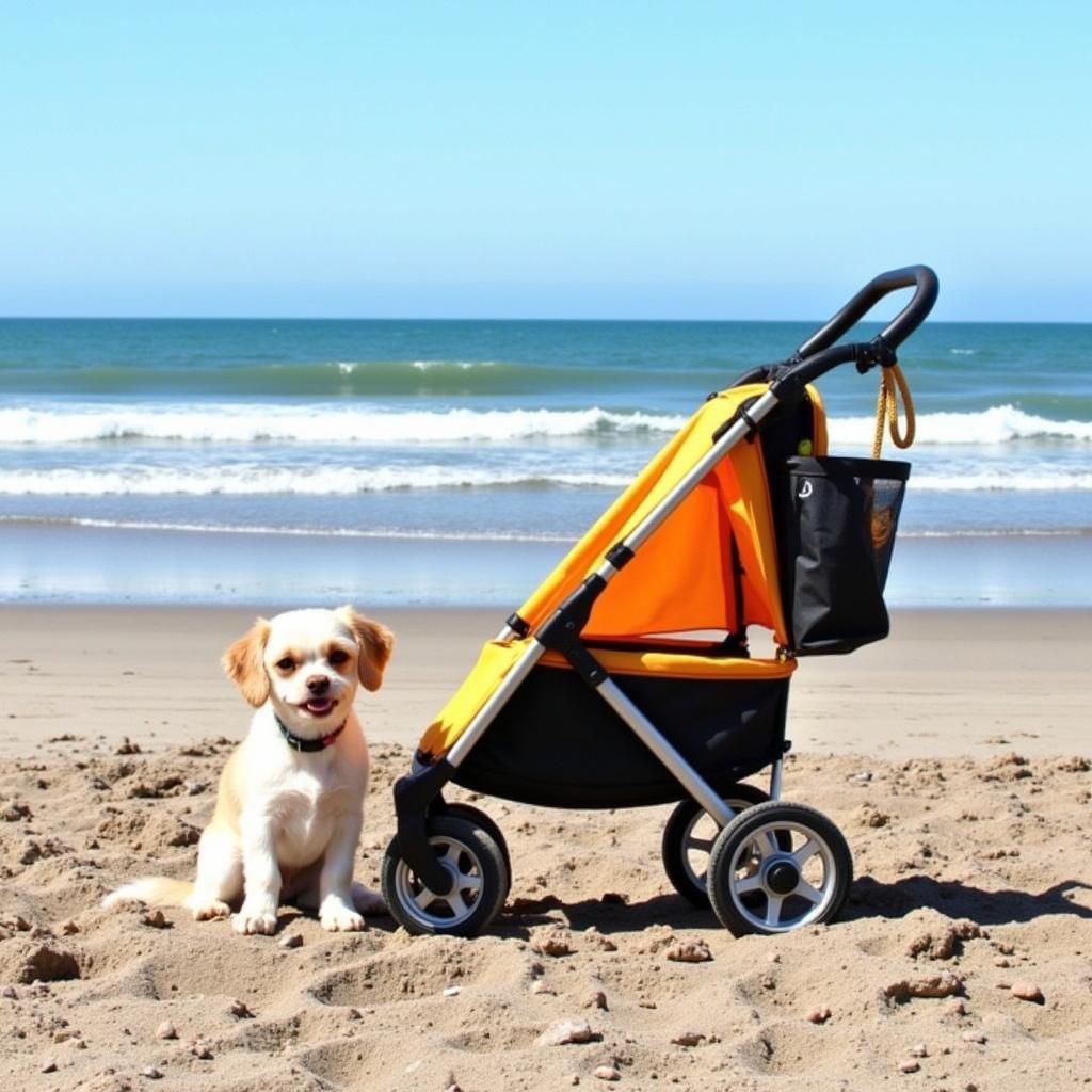 Dog enjoying a beach stroll in a stroller with a cup holder