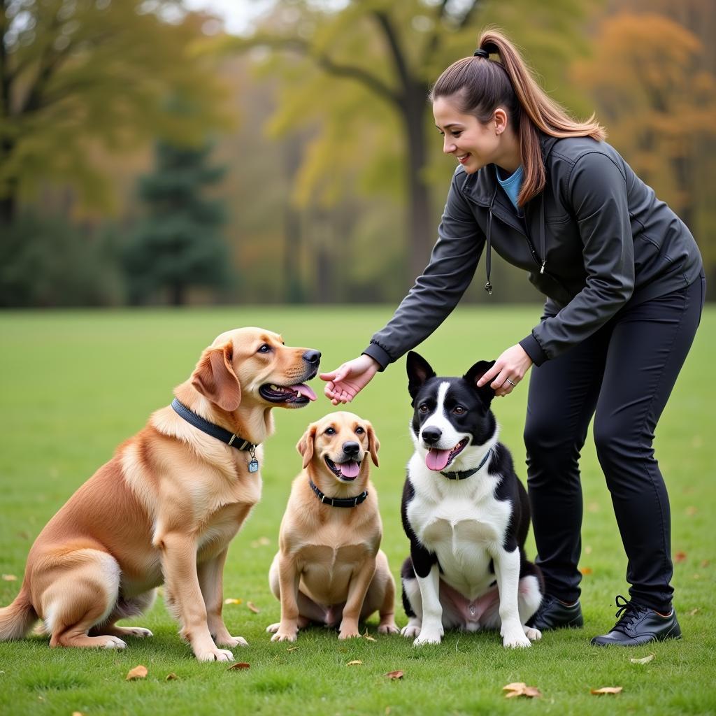 Dog Trainer Working with Three Dogs Simultaneously