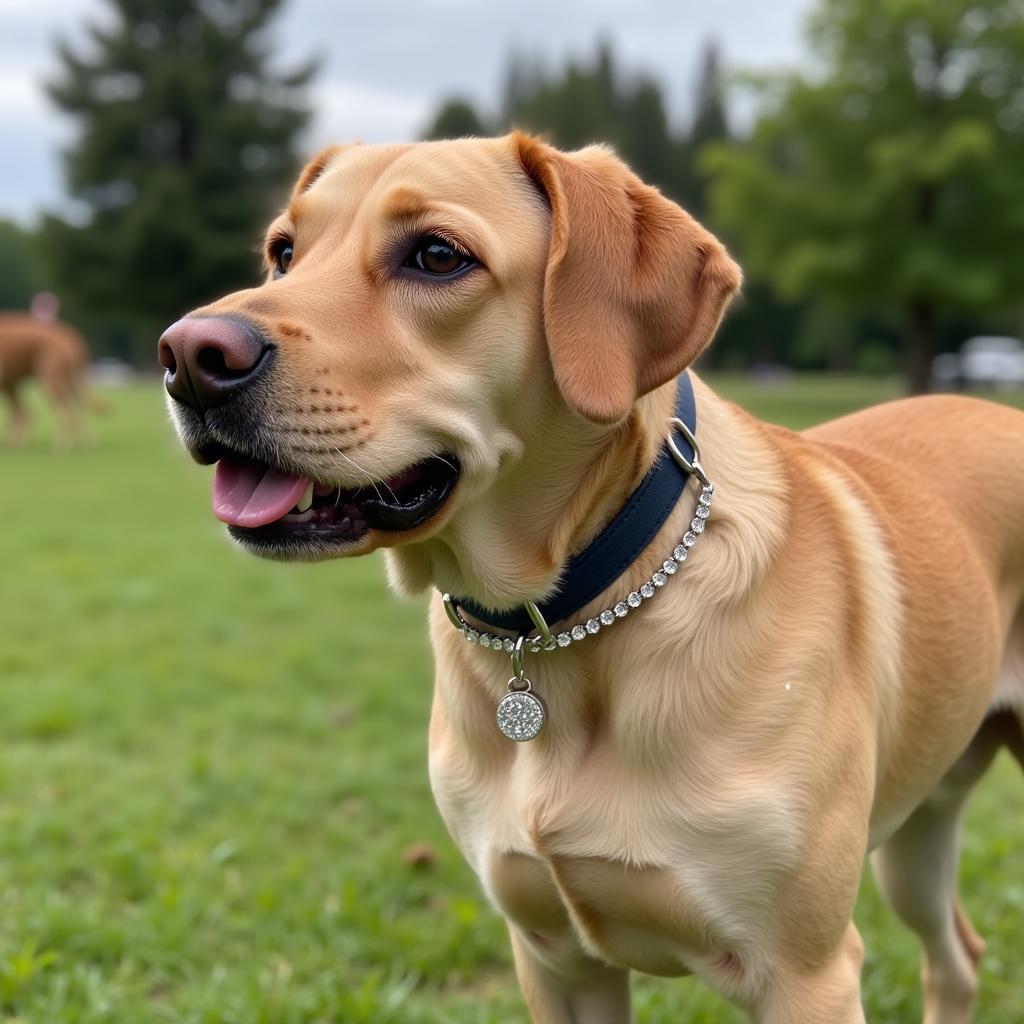 A dog happily wearing a diamond dog chain