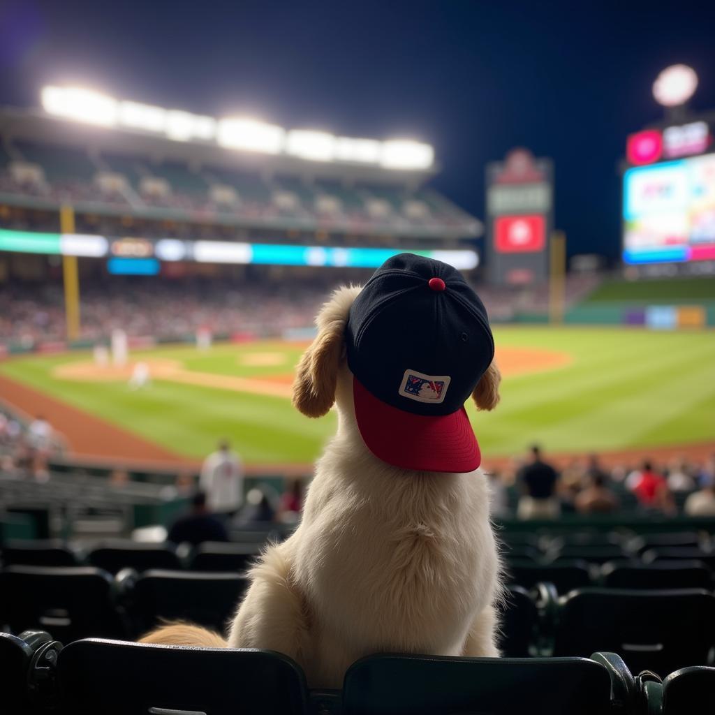 Dog at Baseball Game Wearing MLB Hat