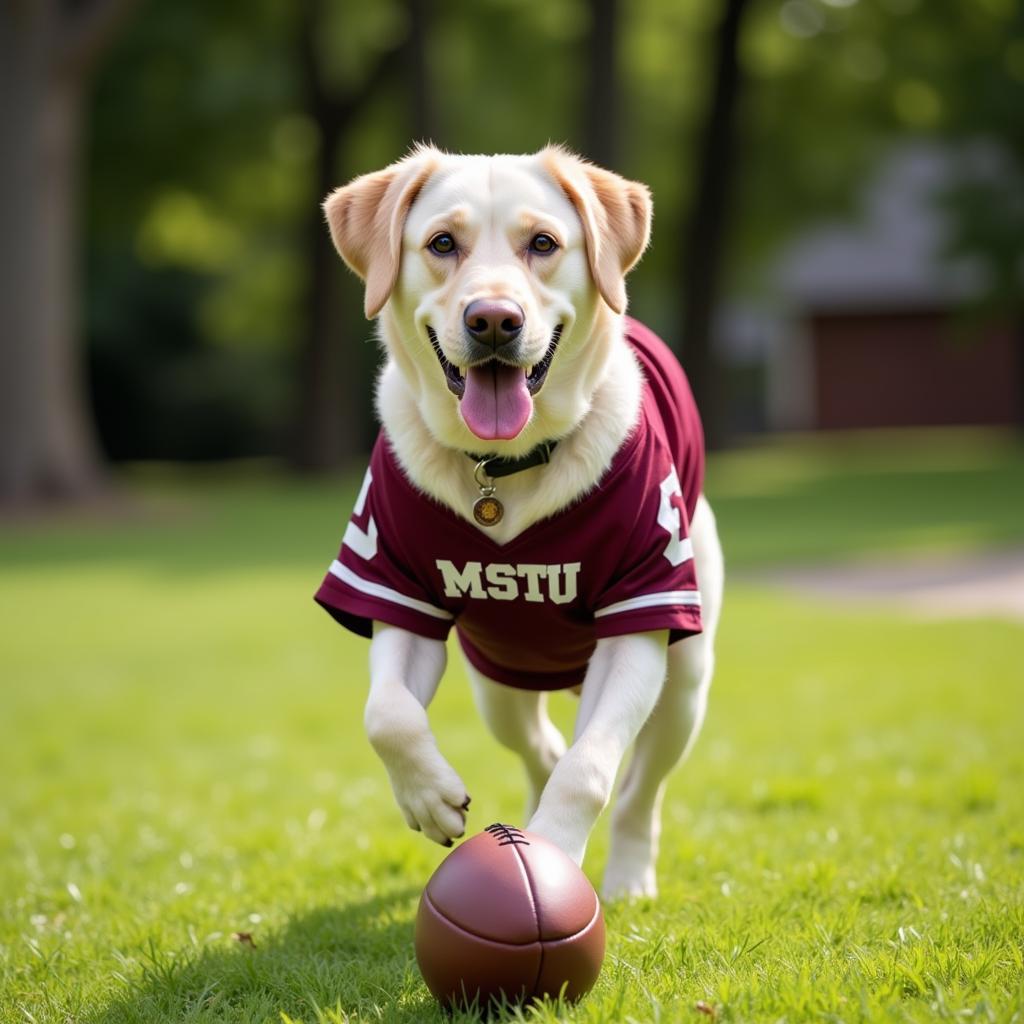 Dog playing fetch while wearing a Michigan State University jersey