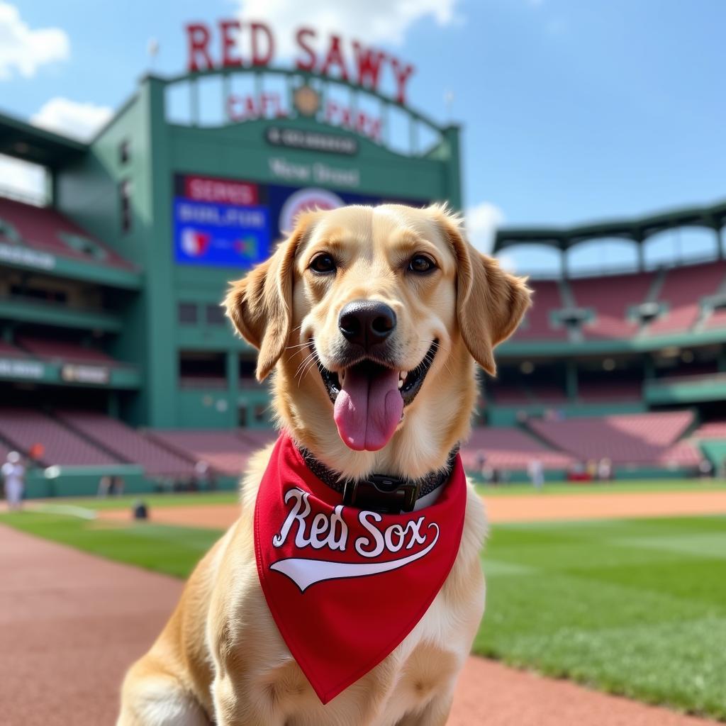 Dog Wearing Red Sox Collar and Bandana at Fenway Park