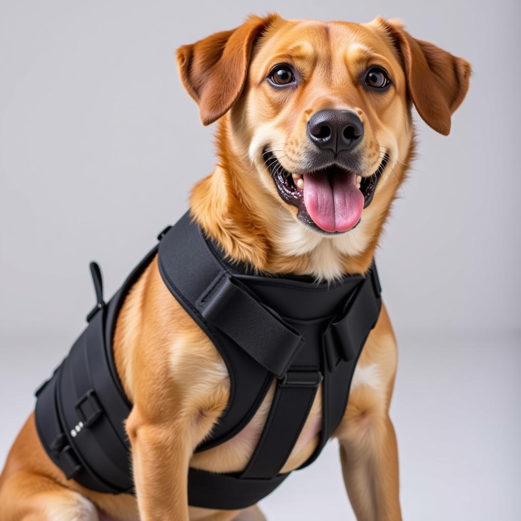 Dog wearing a shoulder brace for support and stability