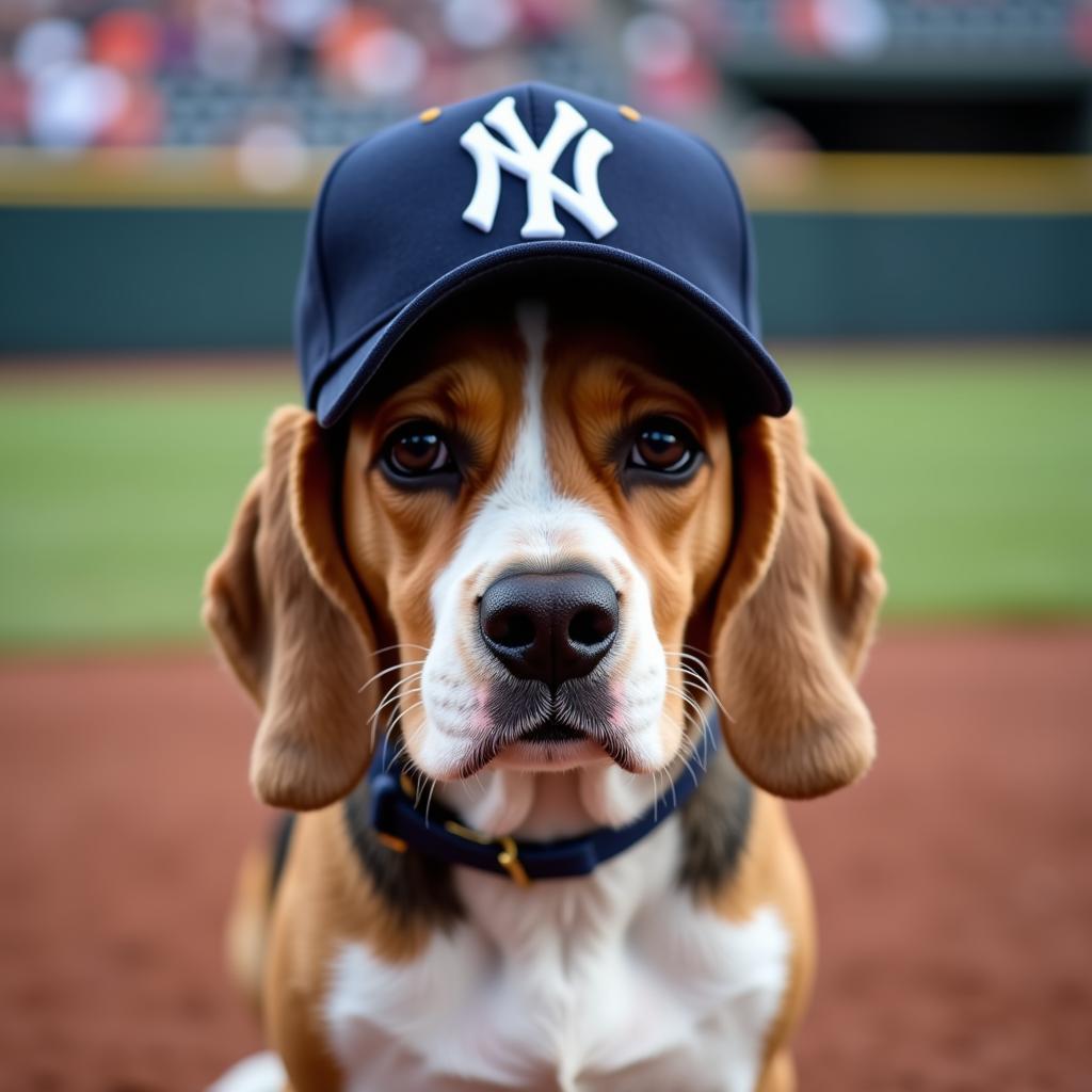 Dog trying on a New York Yankees hat