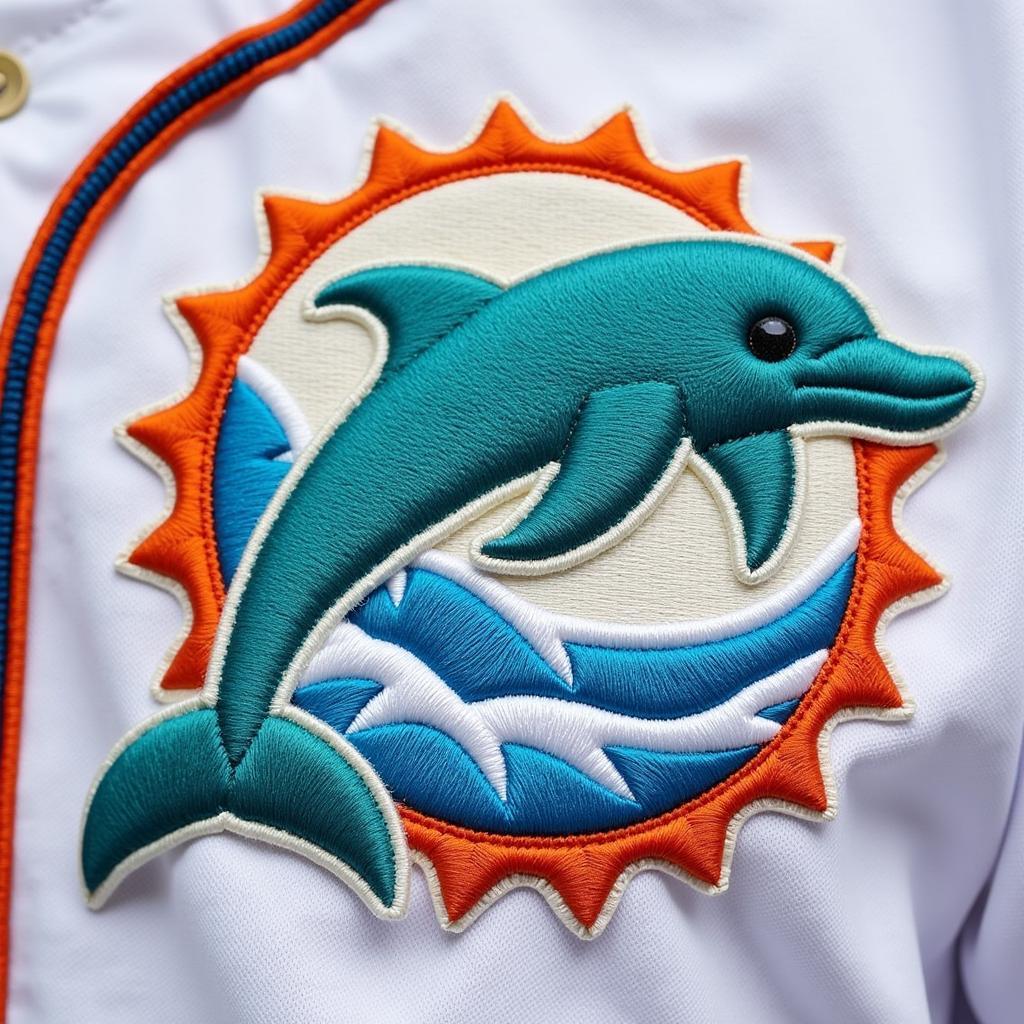 Dolphins Baseball Jersey: Close-up view of the intricate design featuring a stylized leaping dolphin and wave patterns.