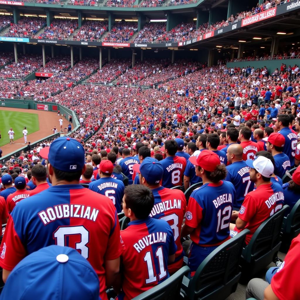 Fans proudly wearing Dominican Republic WBC Jerseys at a baseball game.