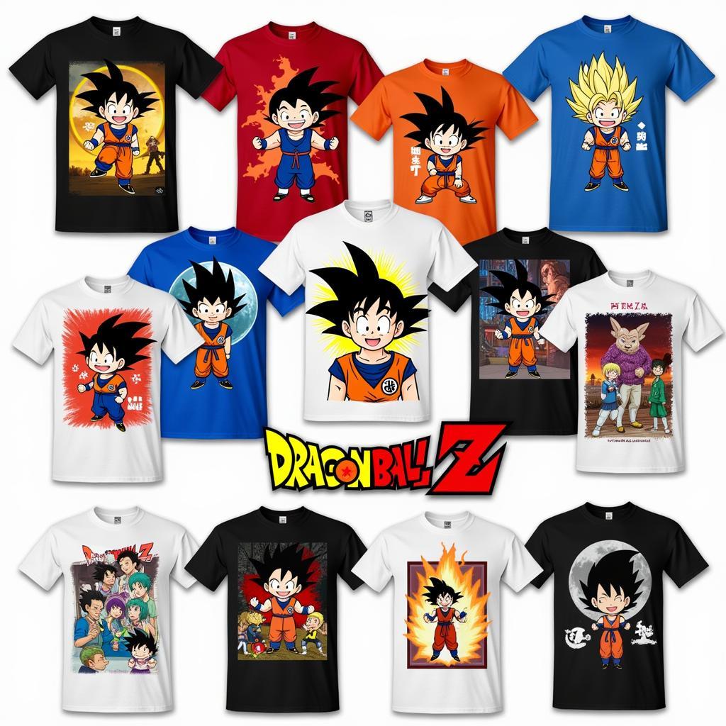 Various Dragon Ball Z T-shirt designs showcasing different characters and styles.