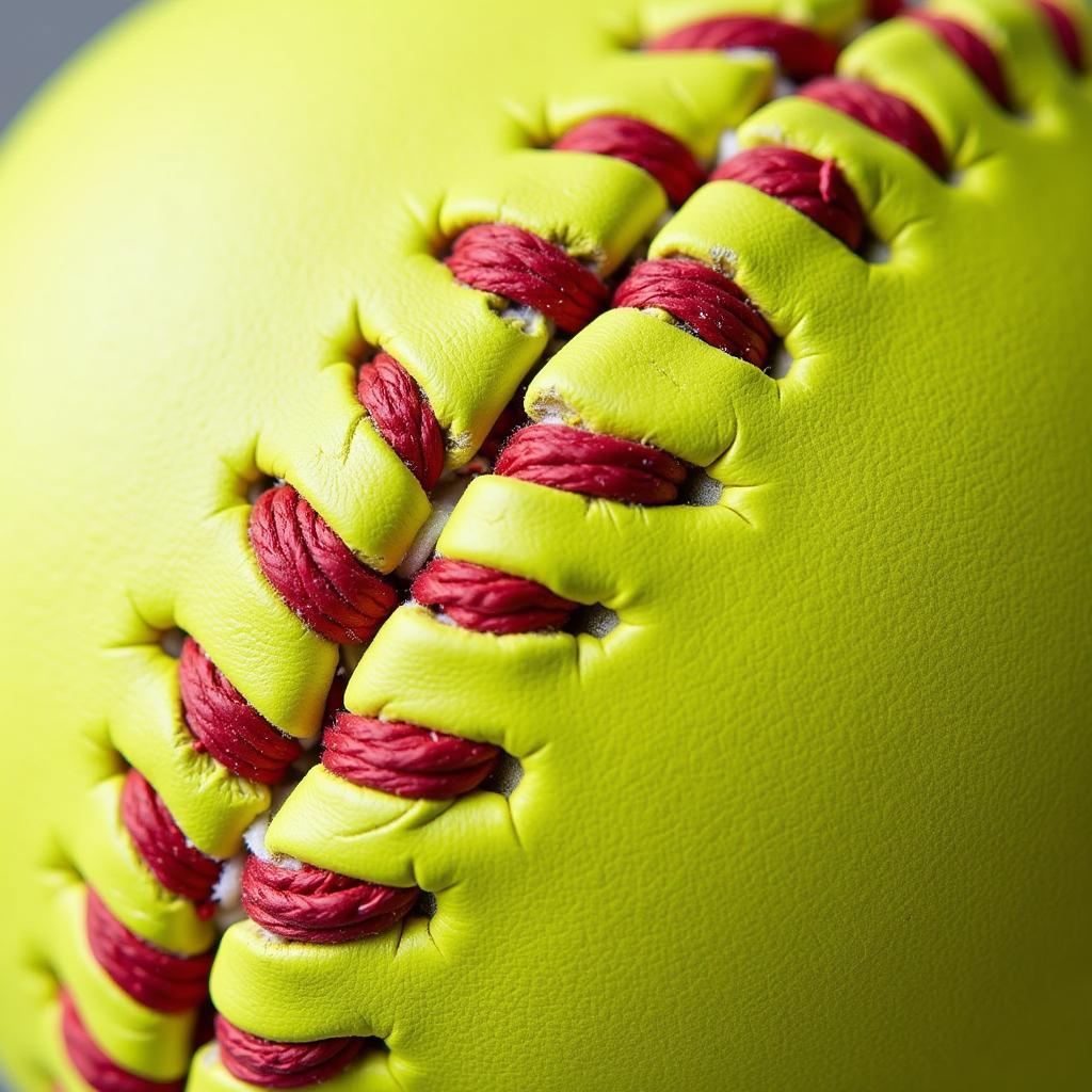 Close-up view of a dream seam softball's stitching and leather