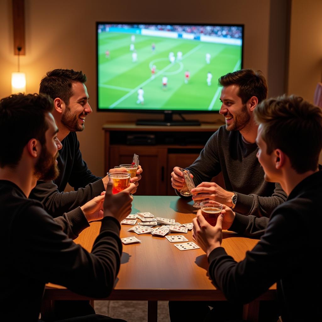 Friends enjoying a drinking football card game during a match