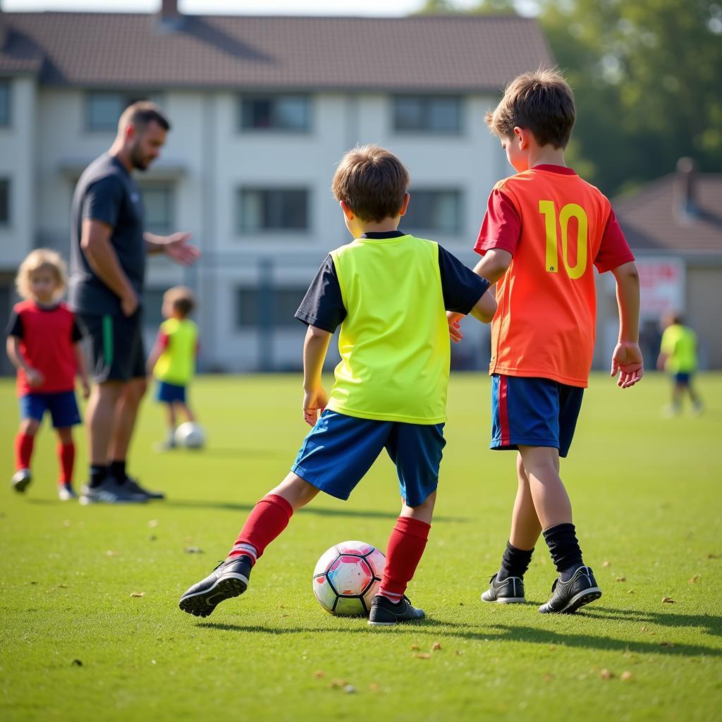 Young footballers practicing dribbling skills