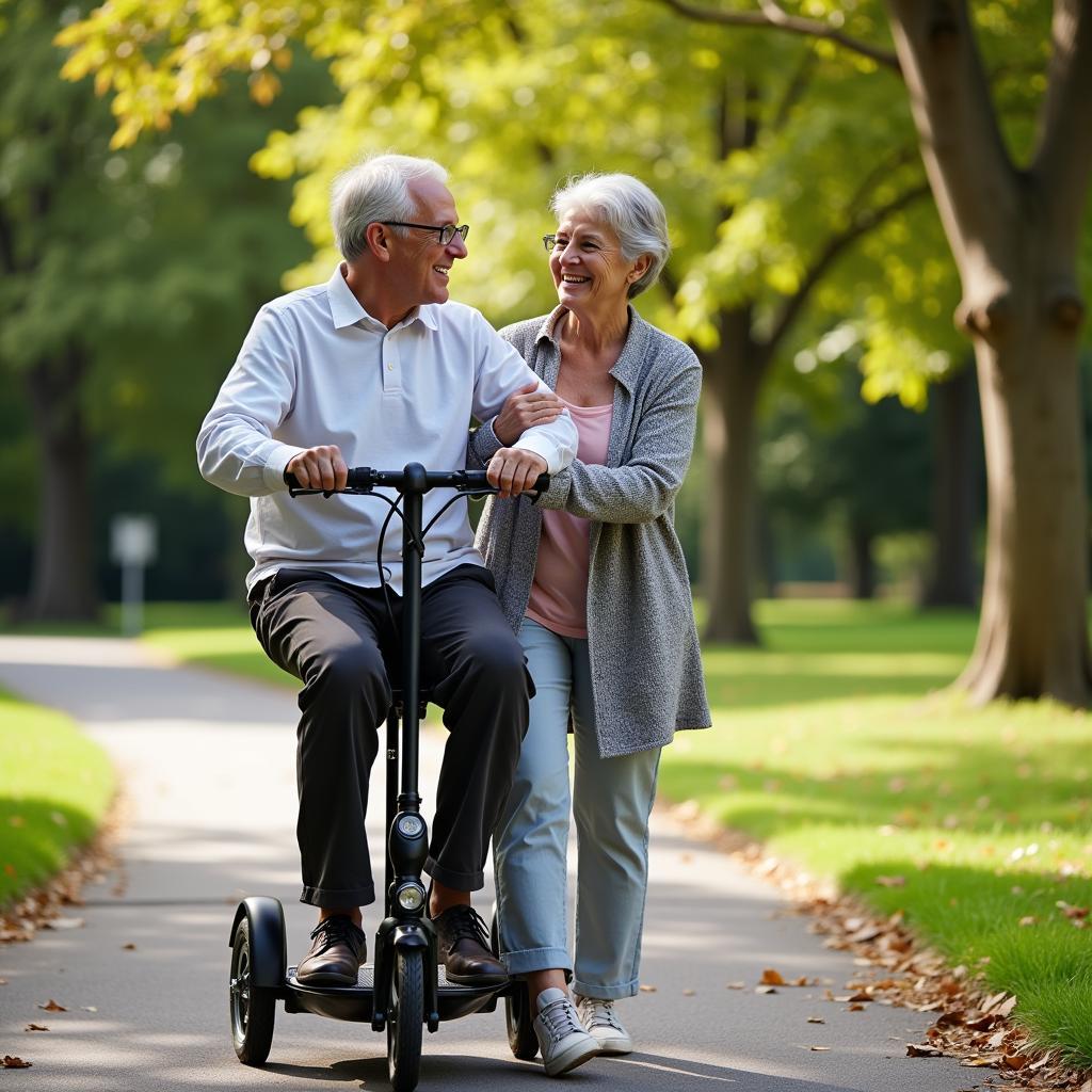 Elderly Couple Enjoying a Double Scooter Outdoors