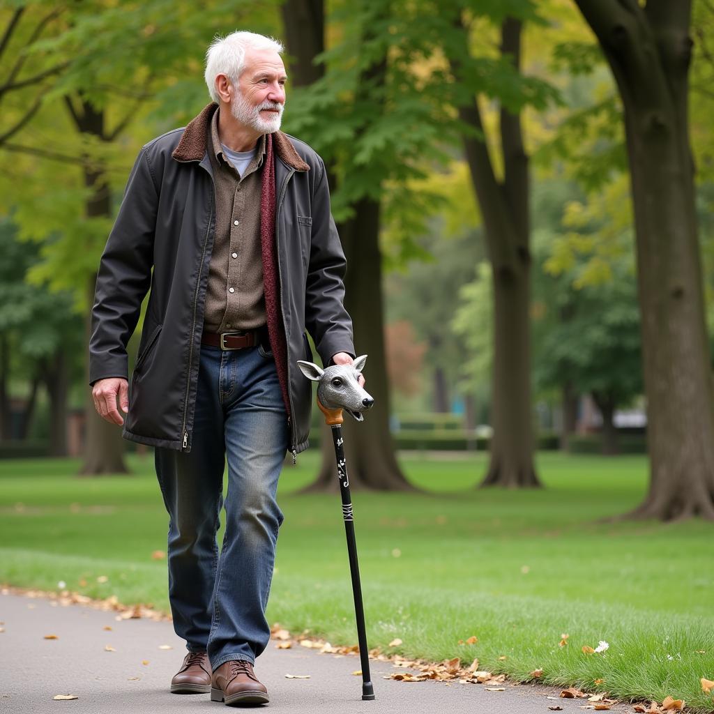 Elderly Man Using Animal Head Walking Stick Outdoors