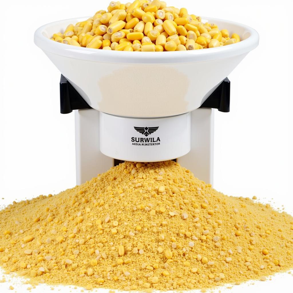 Electric corn cracker grinder processing corn kernels.