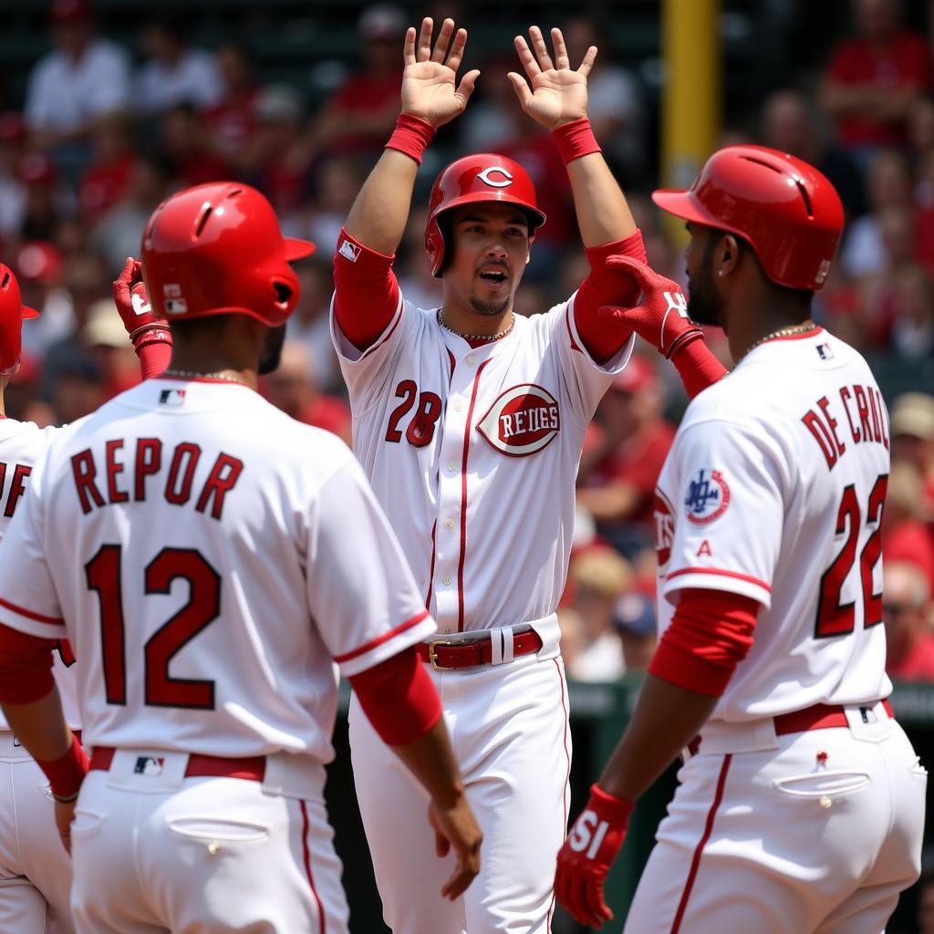 Elly De La Cruz celebrating with his teammates after hitting a home run