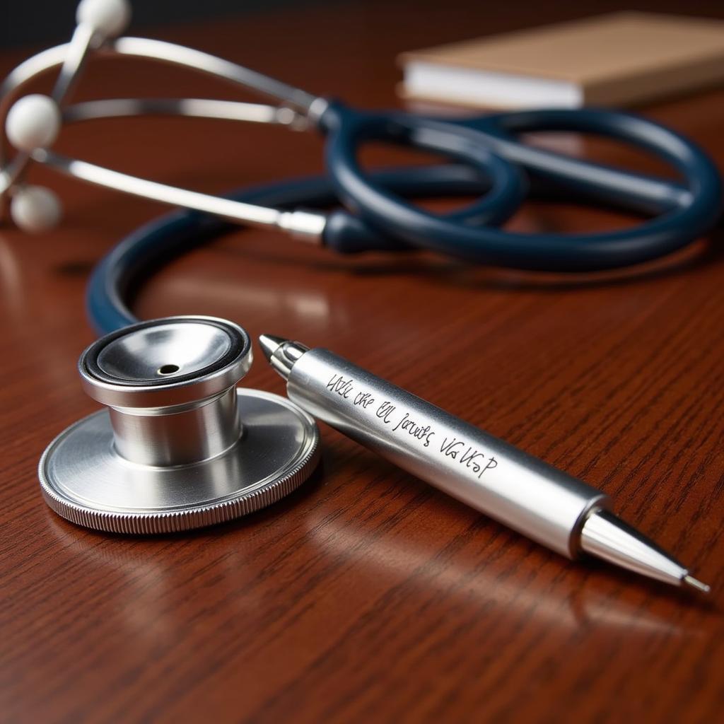 Engraved pen resting beside a stethoscope on a doctor's desk.