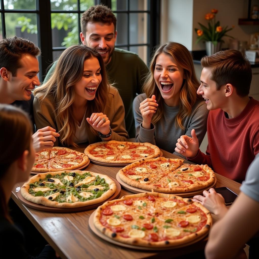 Friends and family enjoying pizza purchased using a first class pizza promo code