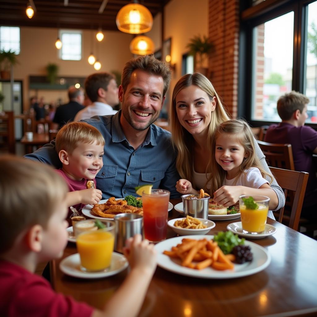 Family Enjoying a Meal at a St. Petersburg Restaurant with Kids Eat Free Promotion