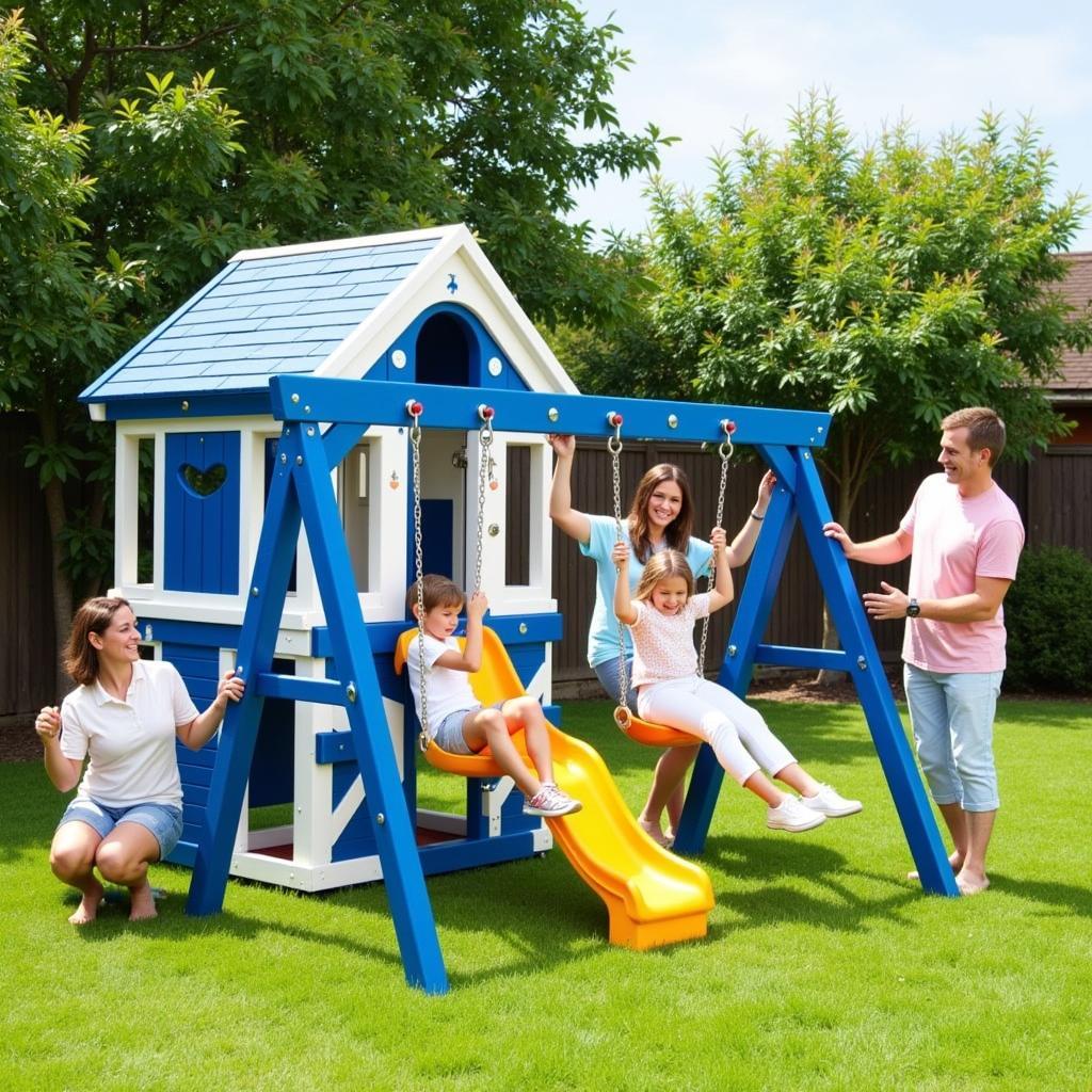 Family Enjoying Blue and White Swing Set