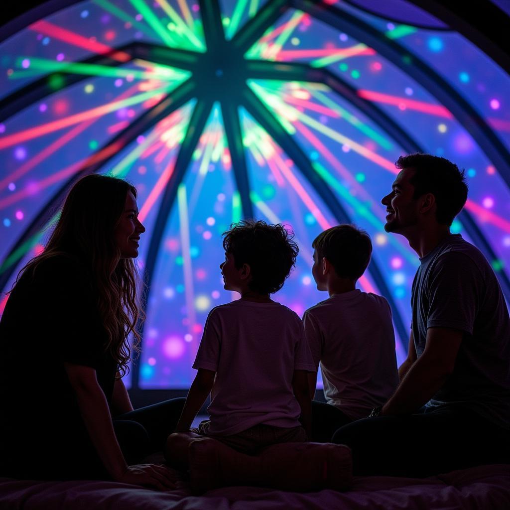 A family with young children enjoying a captivating laser light show projected onto the dome of the Cincinnati Observatory.