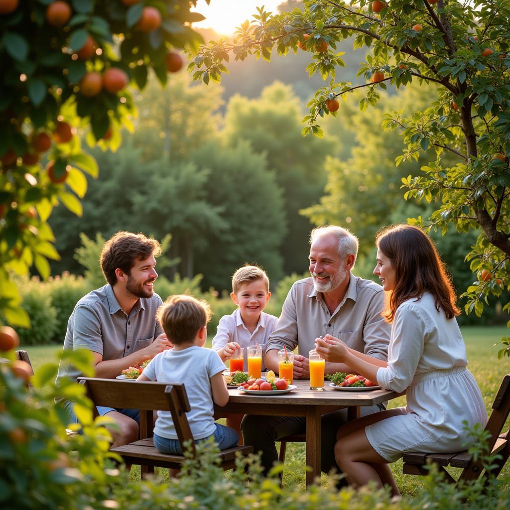 Family enjoying time together in a fruit yard