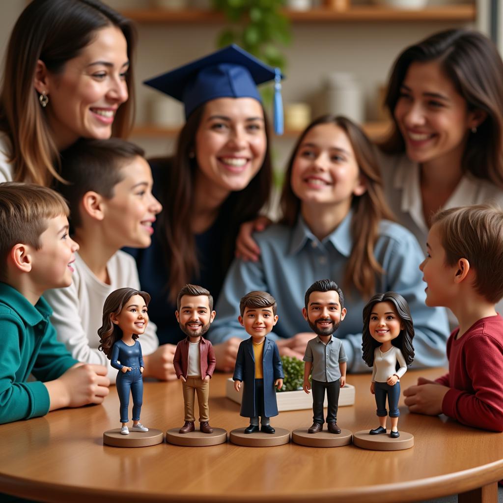 Family Celebrating Graduation with Bobbleheads