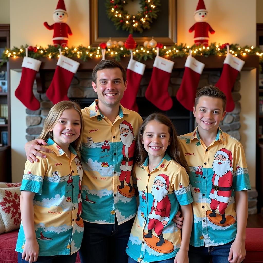 Family wearing matching Hawaiian shirts for a Christmas photo