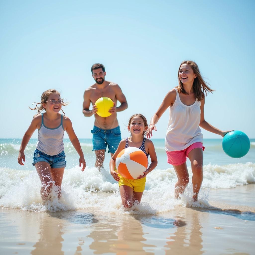 Family Having Fun with Beach Ball Games in the Ocean