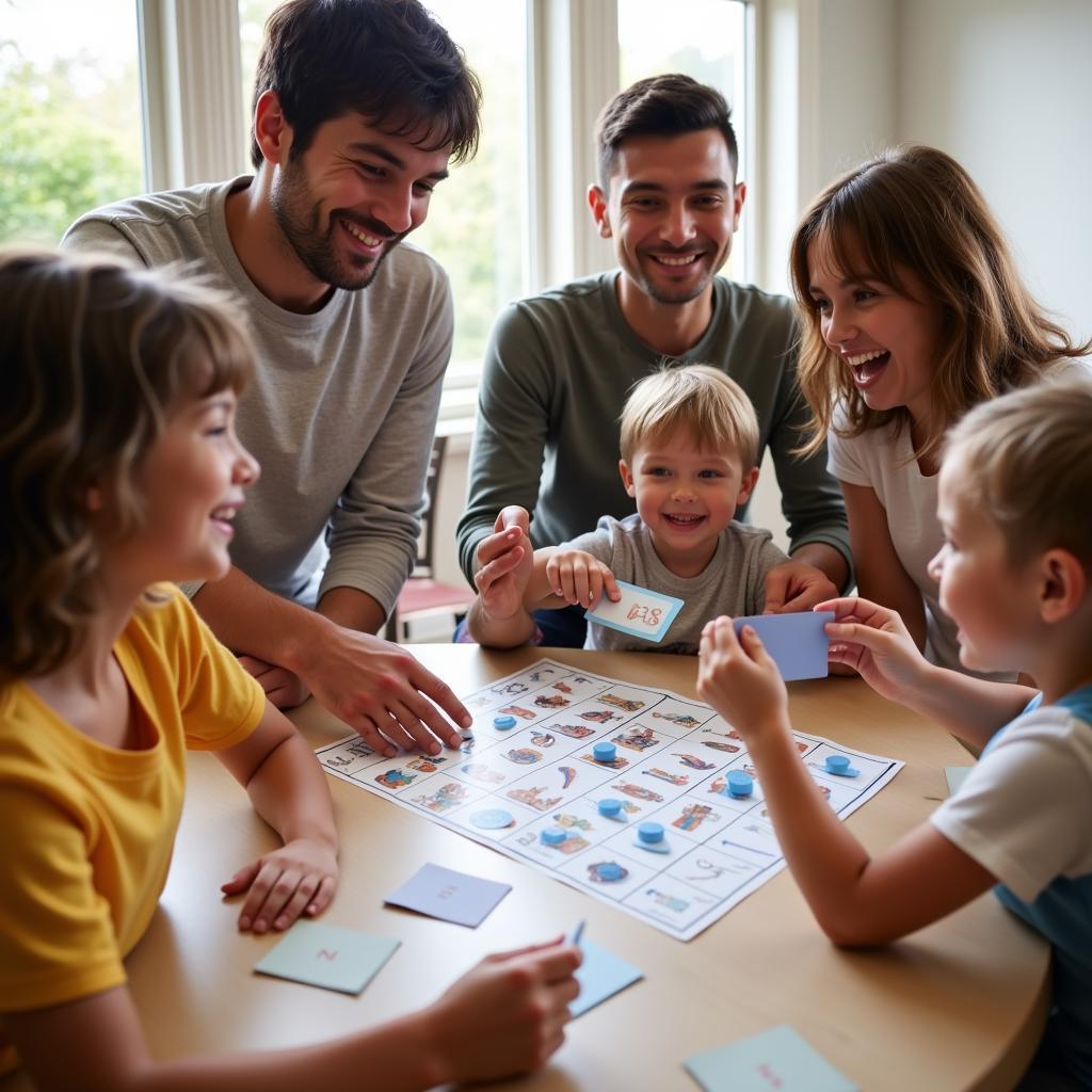 Family enjoying a game of bingo with slide cards.