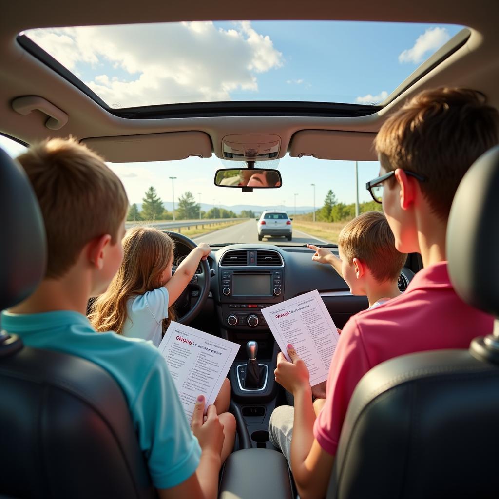 Family Playing License Plate Game During Road Trip