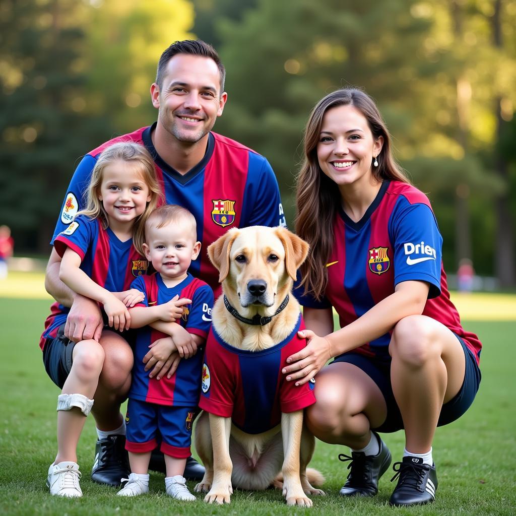 Family posing in custom soccer jerseys with their pet dog also wearing a jersey