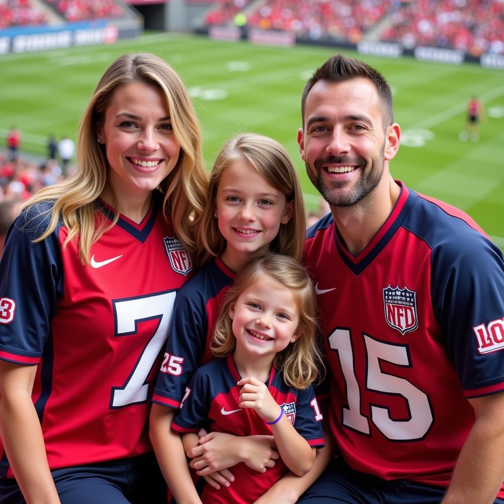 Family wearing matching football jerseys at a game