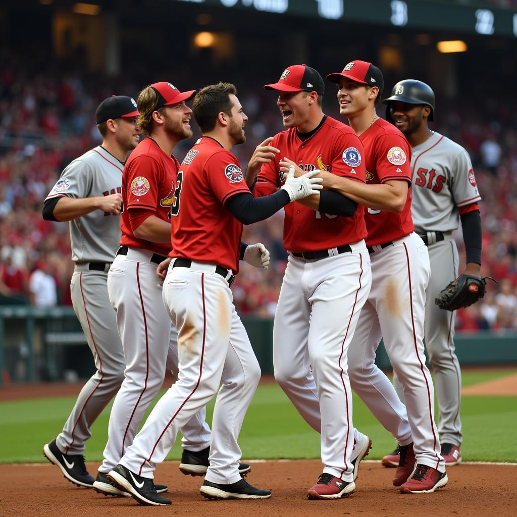 Players celebrating a victory in a border battle baseball game