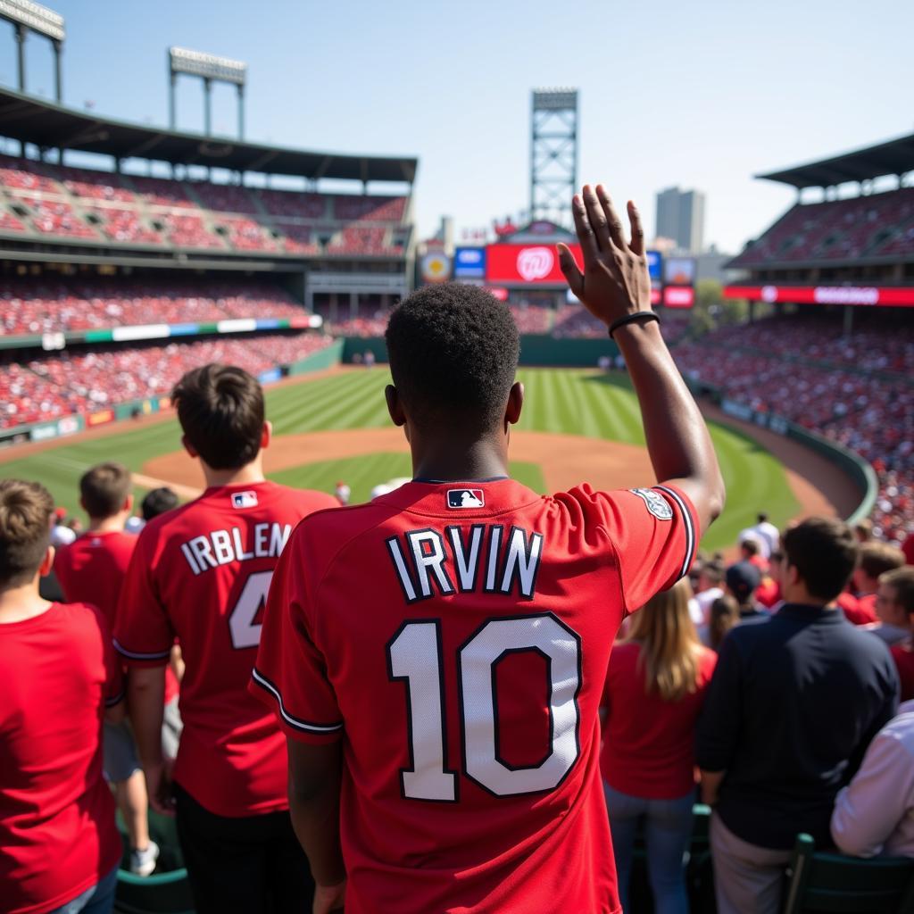 Fan Wearing a Jake Irvin Jersey at Nationals Park - Wide shot of a fan enjoying a game at Nationals Park wearing a Jake Irvin jersey.