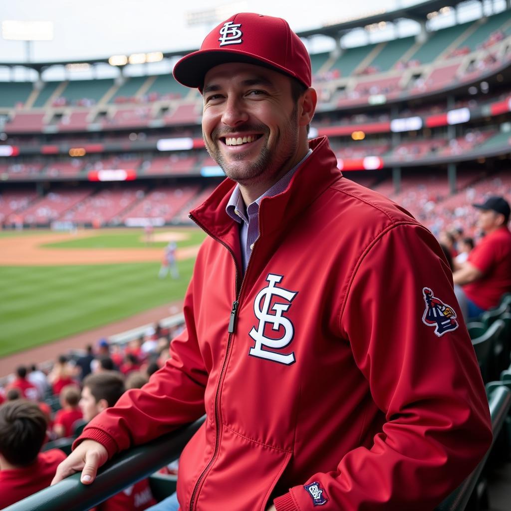 Fan Wearing St. Louis Cardinals Majestic Jacket at Busch Stadium