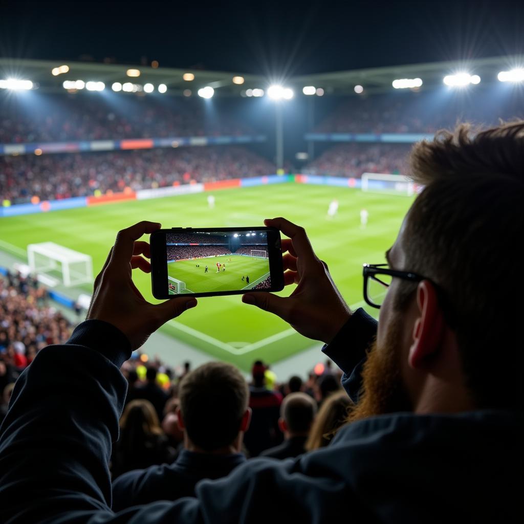 Fan with camera capturing a spectacular goal during a football match