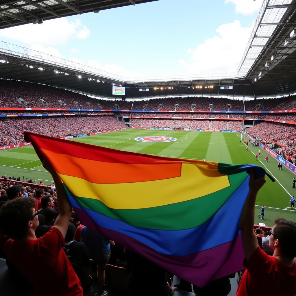 Fans Holding a Rainbow Flag at a Football Match