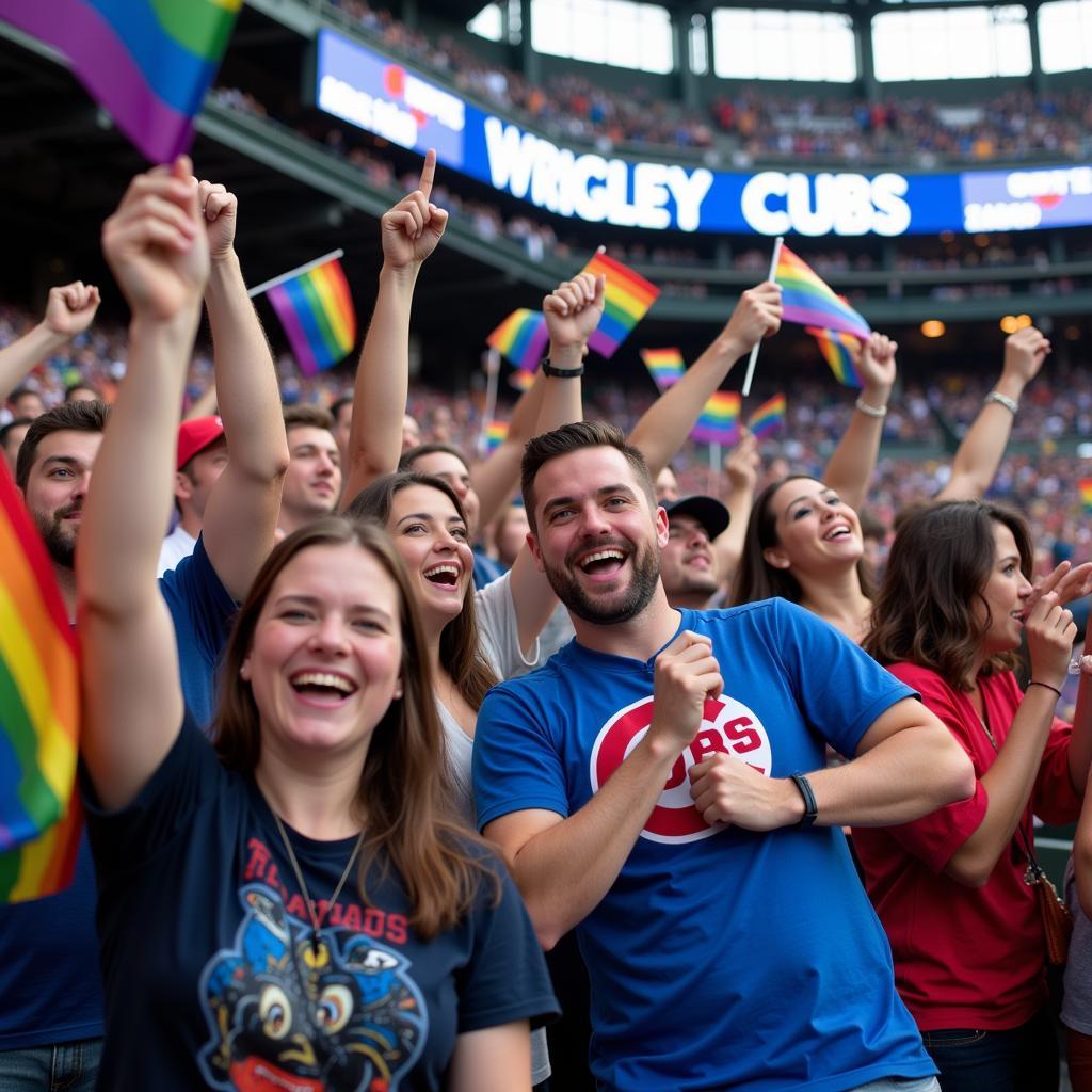 Group of fans enthusiastically waving Cubs pride flags during a Pride Night celebration at Wrigley Field.