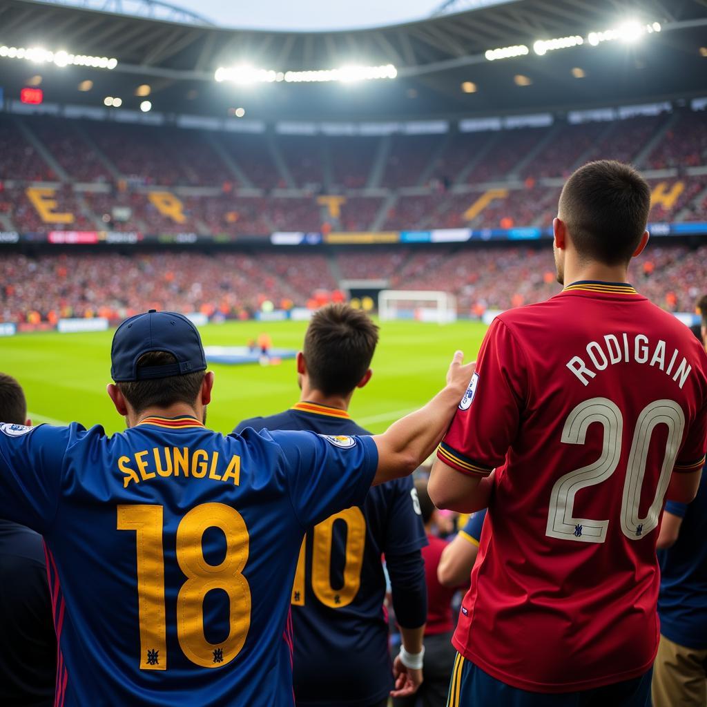 Fans wearing various five star jerseys in a stadium, showcasing their team spirit and style