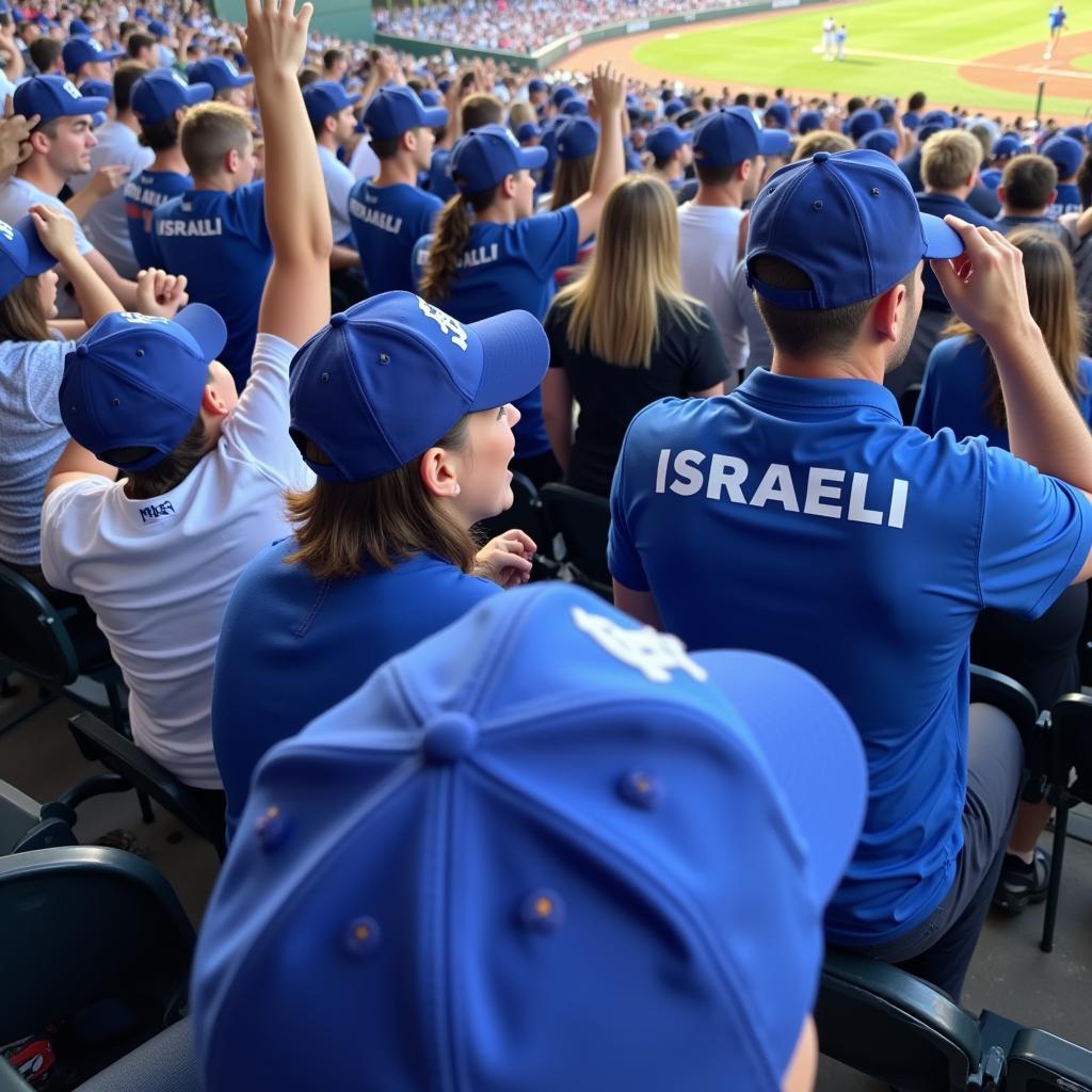 Fans wearing Team Israel baseball hats at a game.