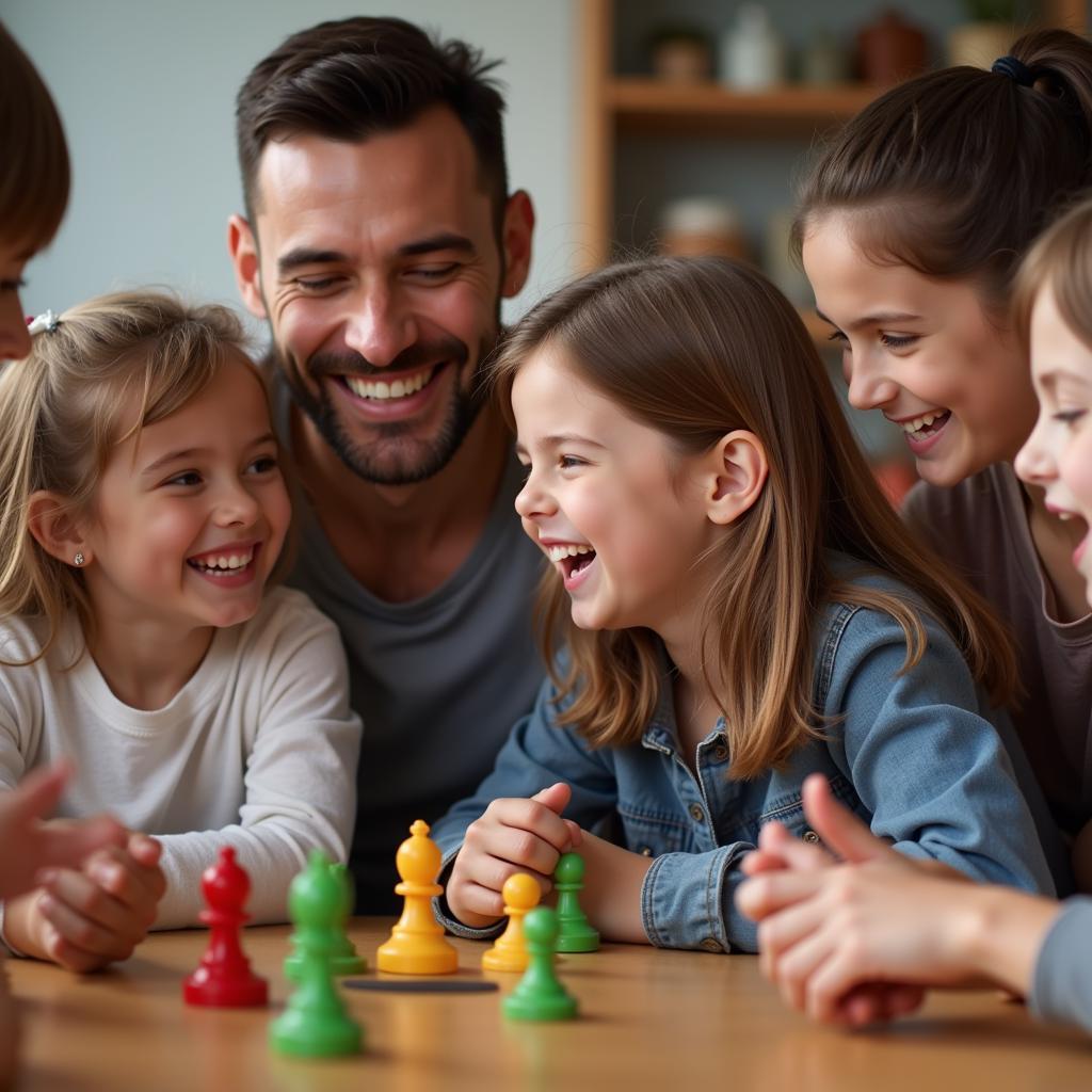 Father and children laughing during a game