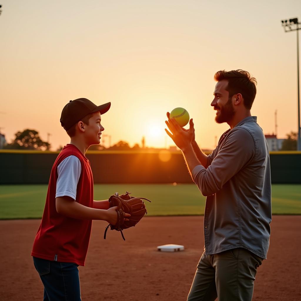 Father and Son Playing Softball on Father's Day