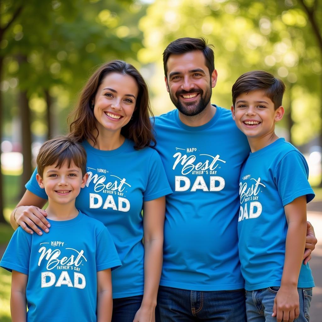 Fathers Day Family Matching Shirts: A family smiles brightly while wearing matching fathers day t-shirts, showcasing a sense of unity and celebration.