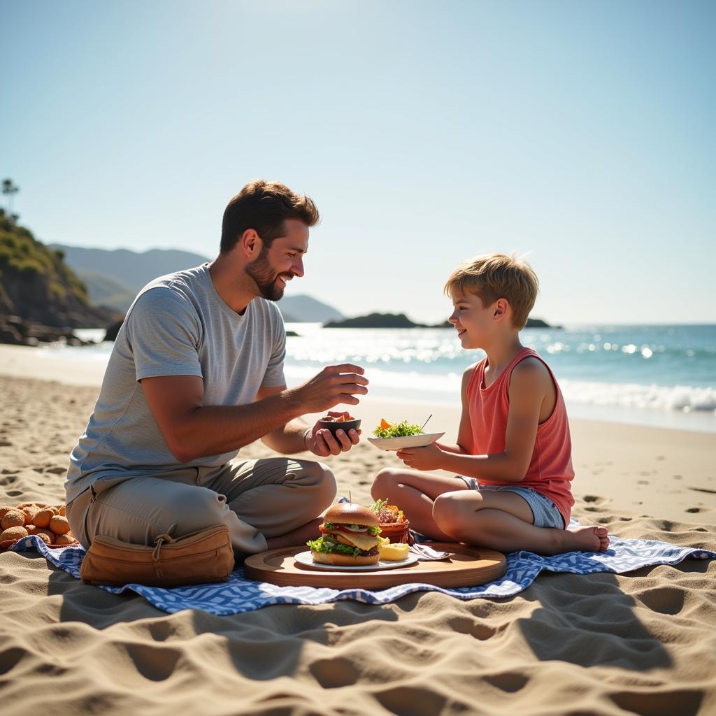 Father and Son Enjoying a Beach Picnic in Los Angeles