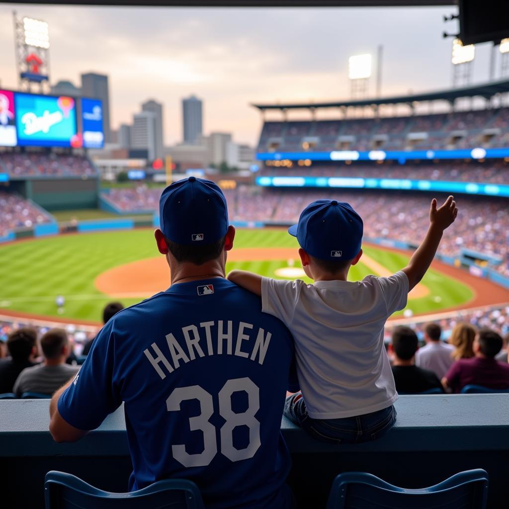 Father and Son Cheering at a Dodgers Game in Los Angeles