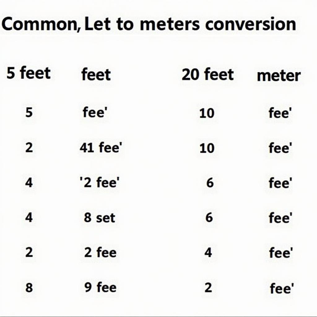 Table Showing Common Feet to Meters Conversions