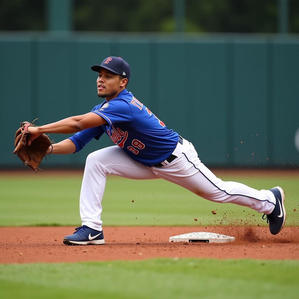 Fernando Tatis Jr. making a diving catch at shortstop, showcasing his exceptional defensive skills, a crucial part of his "Tatis 100" persona.