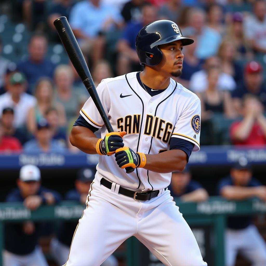 Fernando Tatis Jr. mid-swing, showcasing his powerful batting technique, a key element of the "Tatis 100" phenomenon.