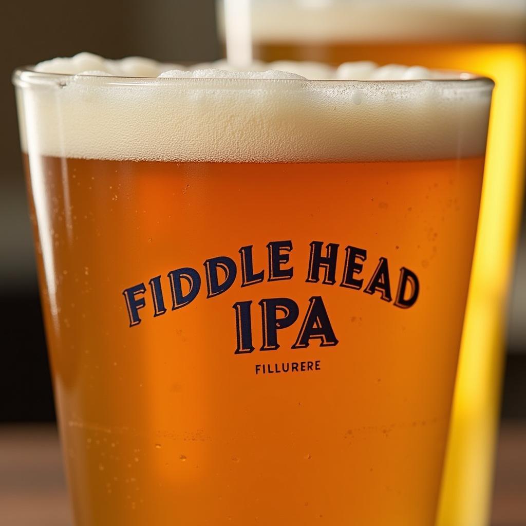 Close-up of a Fiddlehead IPA glass with visible head and amber color