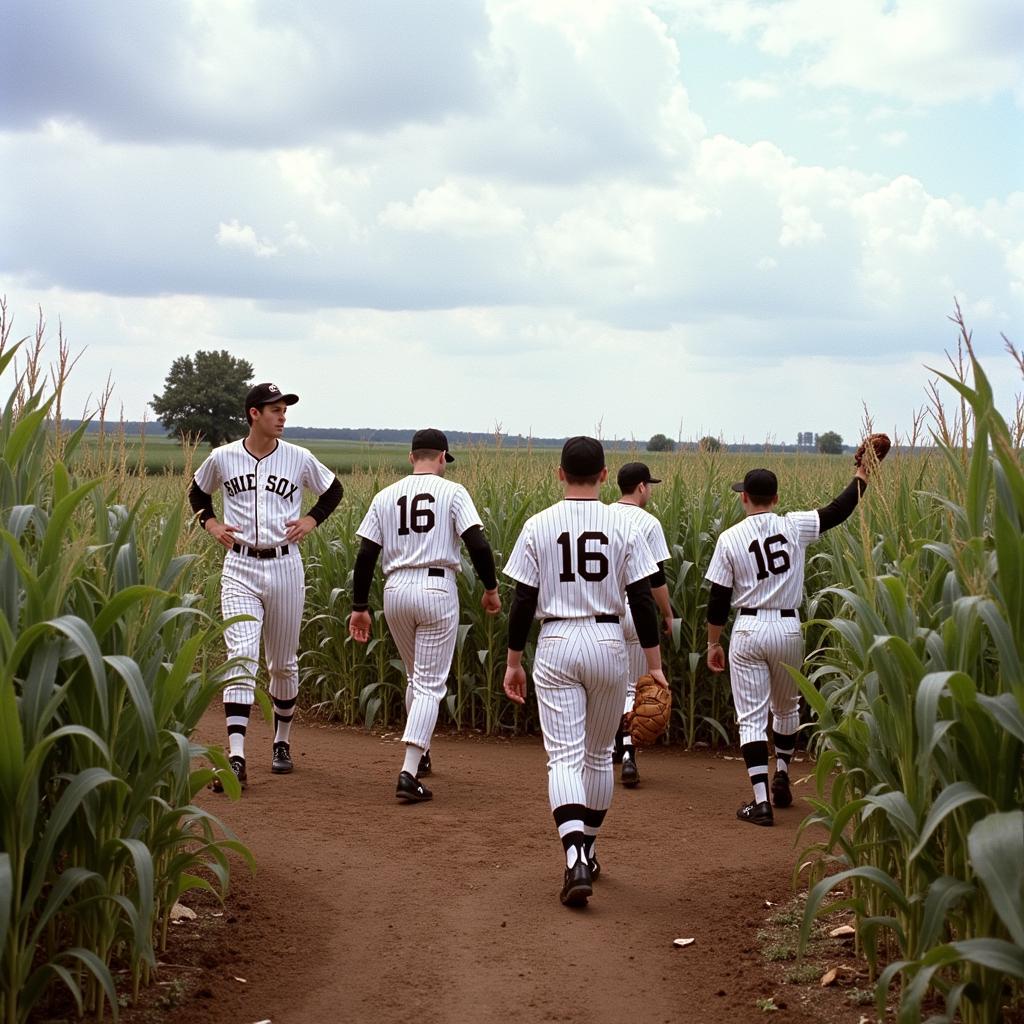 Shoeless Joe Jackson and the White Sox emerging from the cornfield